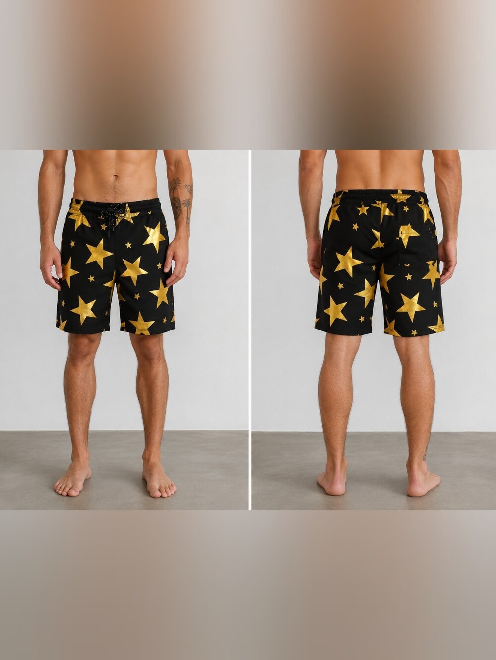 Drill NYC Black Gold Star Print Swim Trunks Board Shorts NWT Men's Medium Drawst